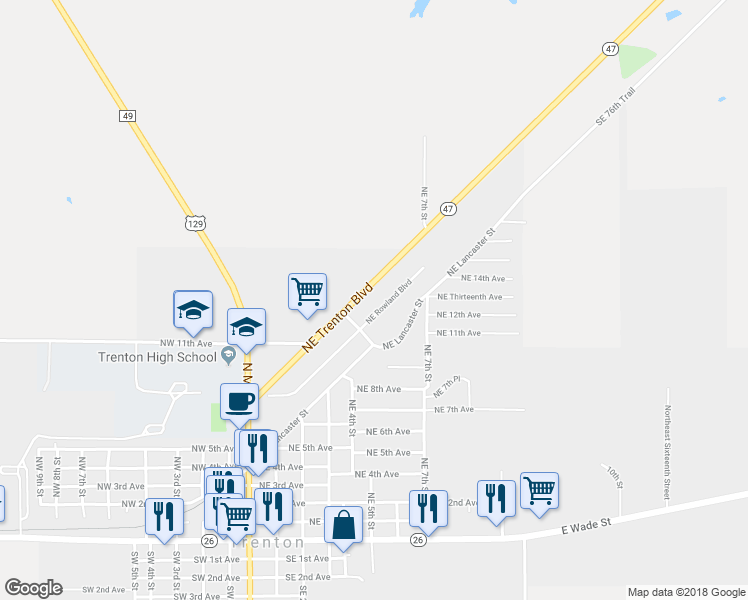 map of restaurants, bars, coffee shops, grocery stores, and more near 340 Northeast Trenton Boulevard in Trenton