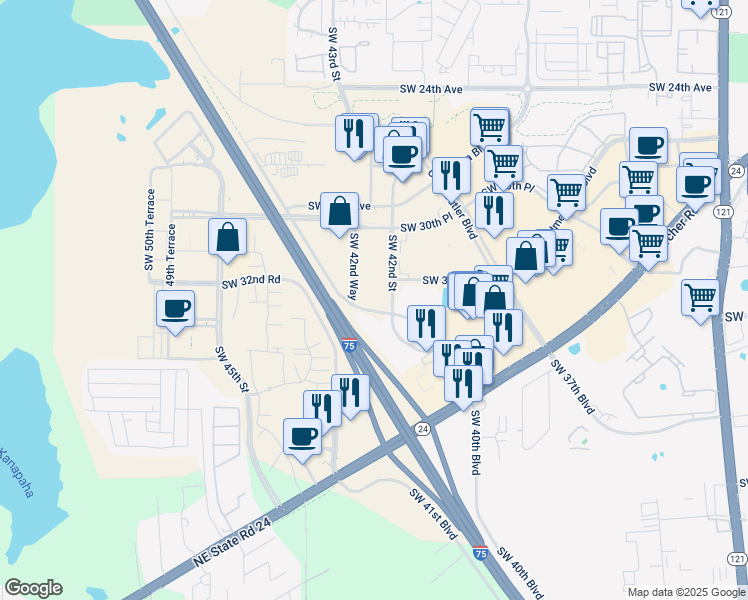 map of restaurants, bars, coffee shops, grocery stores, and more near 3405 Southwest 40th Boulevard in Gainesville
