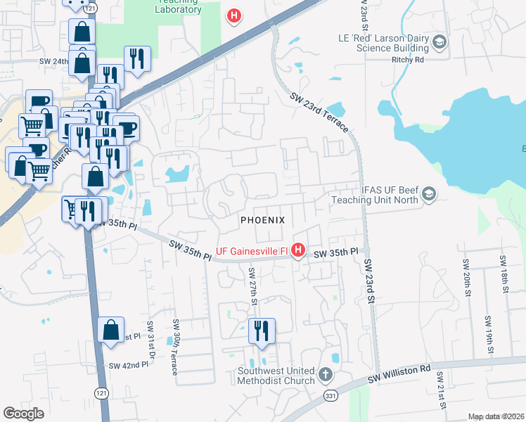 map of restaurants, bars, coffee shops, grocery stores, and more near in Gainesville