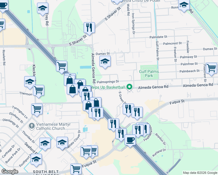 map of restaurants, bars, coffee shops, grocery stores, and more near 11331 Almeda-Genoa Road in Houston