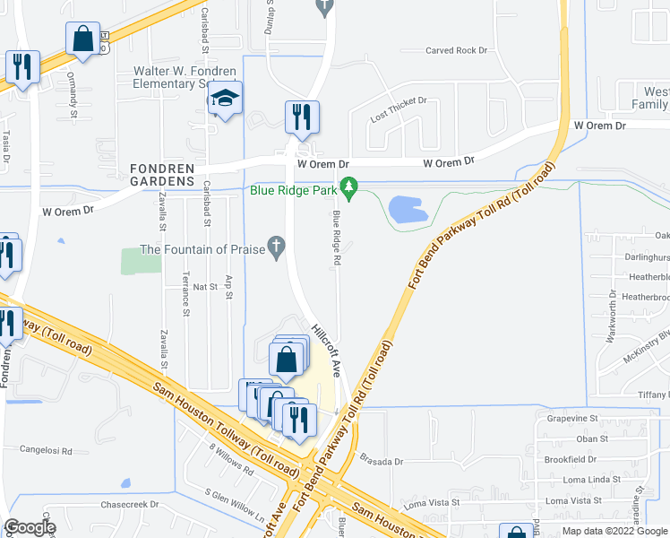map of restaurants, bars, coffee shops, grocery stores, and more near 13506 Blue Ridge Drive in Houston