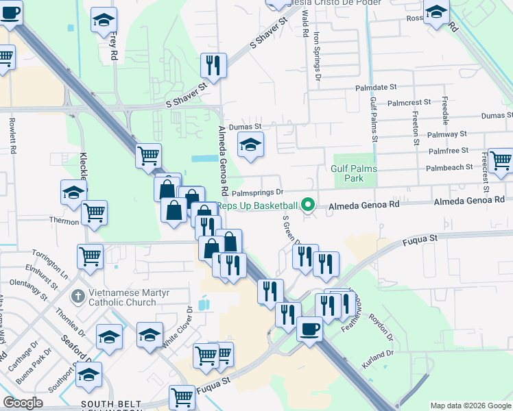 map of restaurants, bars, coffee shops, grocery stores, and more near 11331 Almeda-Genoa Road in Houston