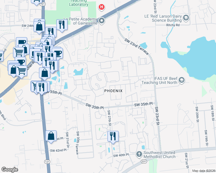 map of restaurants, bars, coffee shops, grocery stores, and more near 3104 Southwest 27th Street in Gainesville