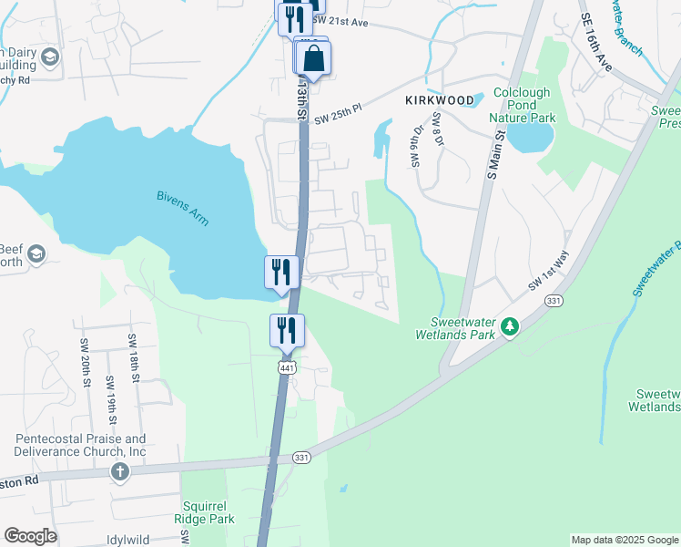 map of restaurants, bars, coffee shops, grocery stores, and more near 3201 Southwest 13th Street in Gainesville