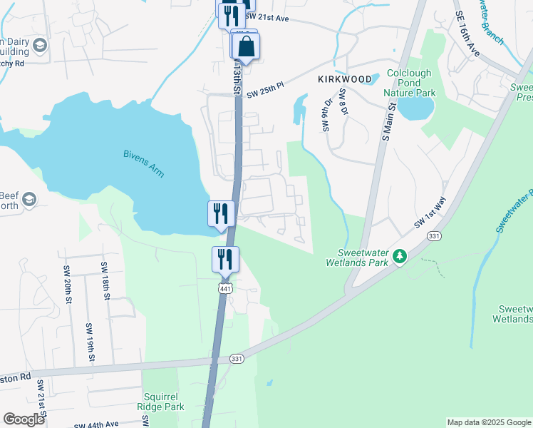 map of restaurants, bars, coffee shops, grocery stores, and more near 3201 Southwest 13th Street in Gainesville