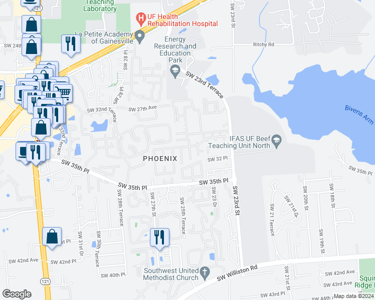 map of restaurants, bars, coffee shops, grocery stores, and more near 3224 Southwest 25 Way in Gainesville
