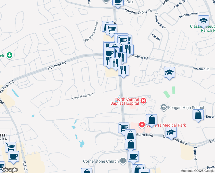 map of restaurants, bars, coffee shops, grocery stores, and more near 627 South Birdsong Way in San Antonio