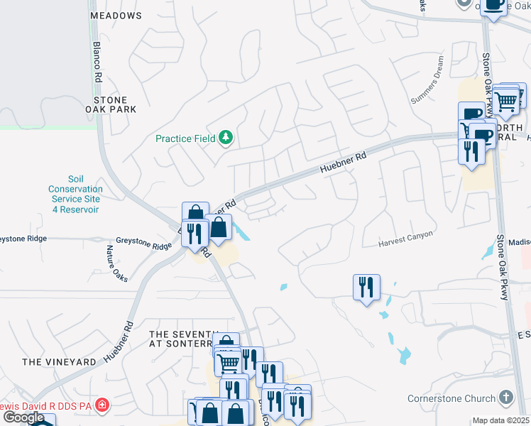 map of restaurants, bars, coffee shops, grocery stores, and more near 19950 Huebner Road in San Antonio