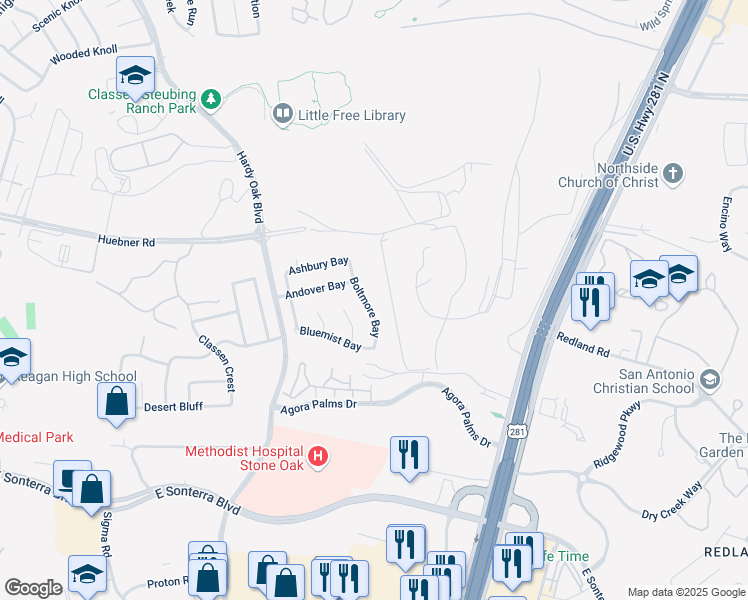 map of restaurants, bars, coffee shops, grocery stores, and more near 19223 Boltmore Bay in San Antonio