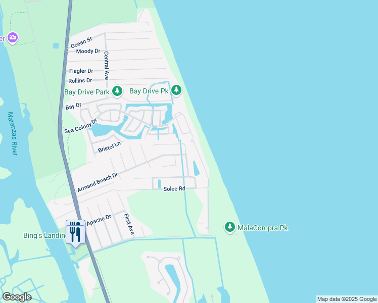 map of restaurants, bars, coffee shops, grocery stores, and more near 9 Mahoe Drive South in Palm Coast