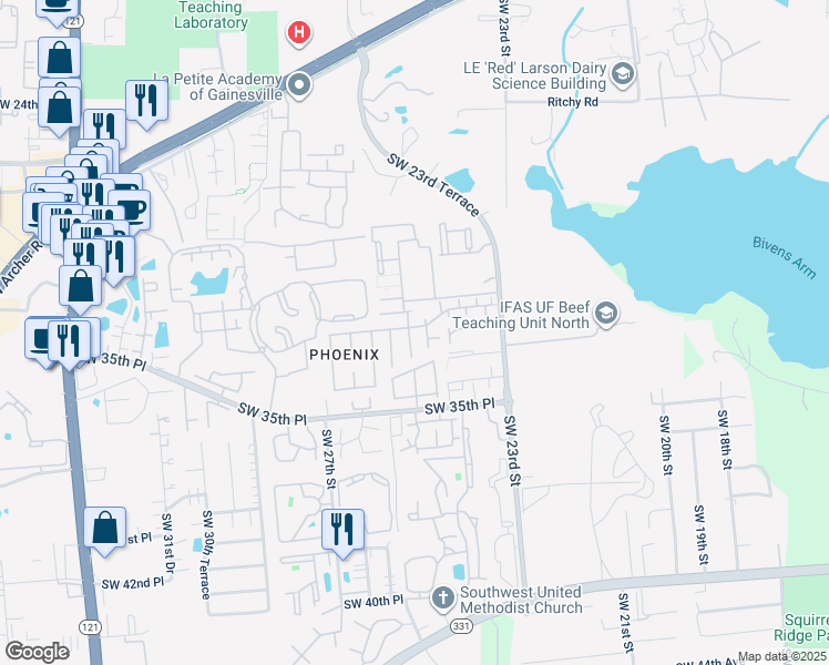 map of restaurants, bars, coffee shops, grocery stores, and more near 3228 Southwest 24 Way in Gainesville