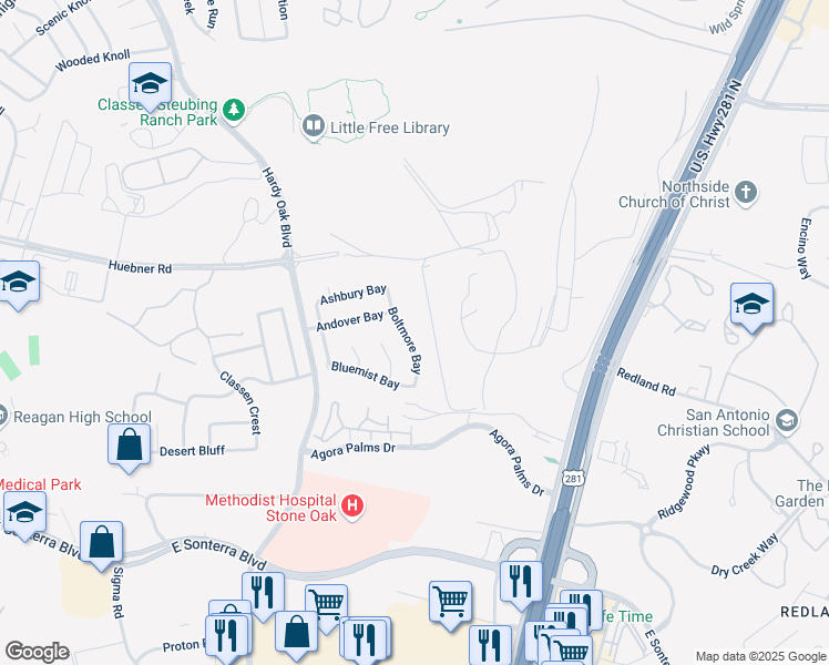 map of restaurants, bars, coffee shops, grocery stores, and more near 19223 Boltmore Bay in San Antonio