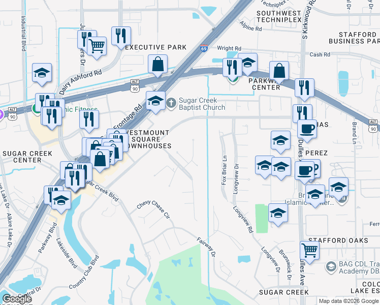map of restaurants, bars, coffee shops, grocery stores, and more near 16 Wellington Lane in Sugar Land