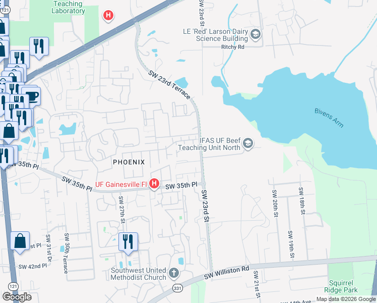 map of restaurants, bars, coffee shops, grocery stores, and more near 3006 Southwest 23rd Street in Gainesville