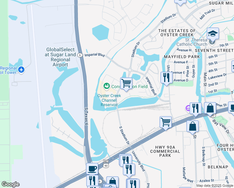 map of restaurants, bars, coffee shops, grocery stores, and more near 7 Stadium Drive in Sugar Land
