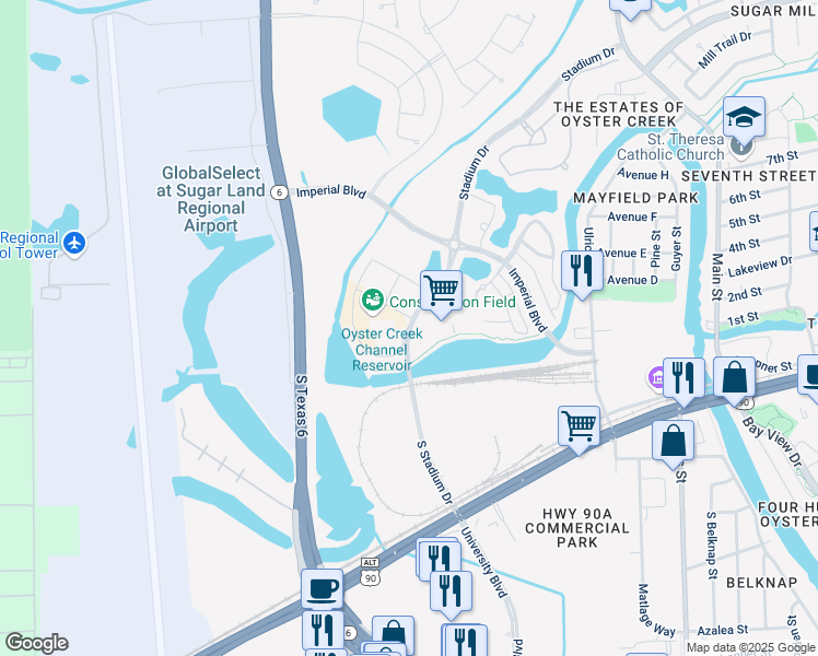 map of restaurants, bars, coffee shops, grocery stores, and more near 21 Stadium Drive in Sugar Land