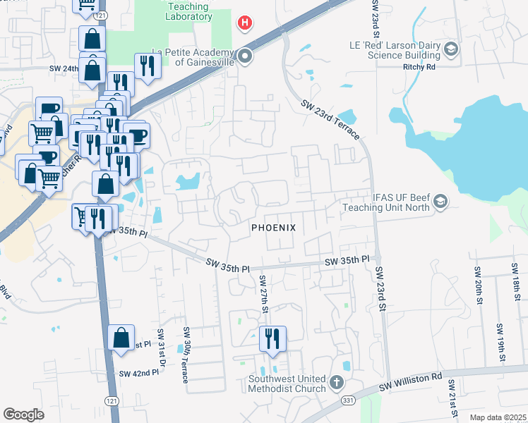 map of restaurants, bars, coffee shops, grocery stores, and more near in Gainesville