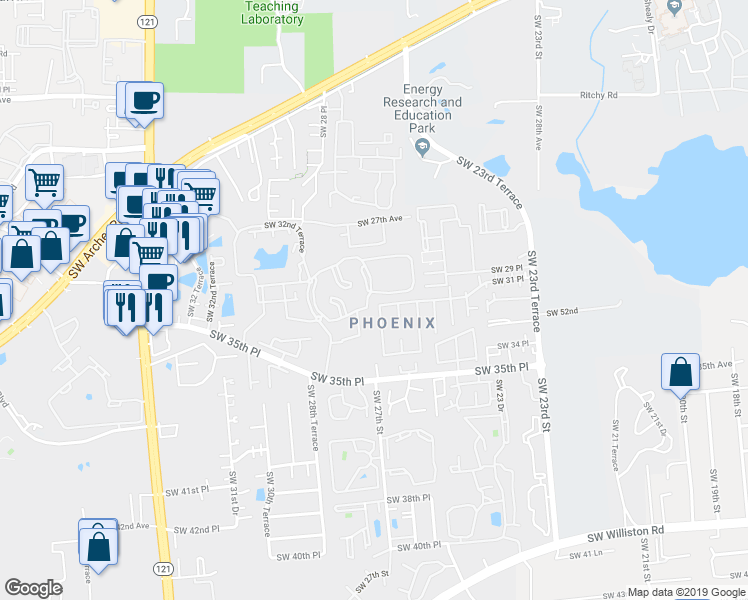 map of restaurants, bars, coffee shops, grocery stores, and more near 3104 Southwest 27th Street in Gainesville