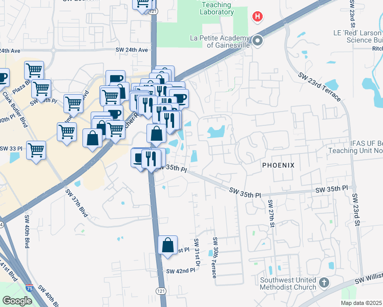 map of restaurants, bars, coffee shops, grocery stores, and more near 3010 Southwest 35th Place in Gainesville