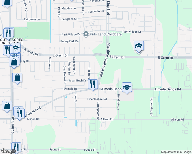 map of restaurants, bars, coffee shops, grocery stores, and more near 12939 Almeda Crossing Court in Houston