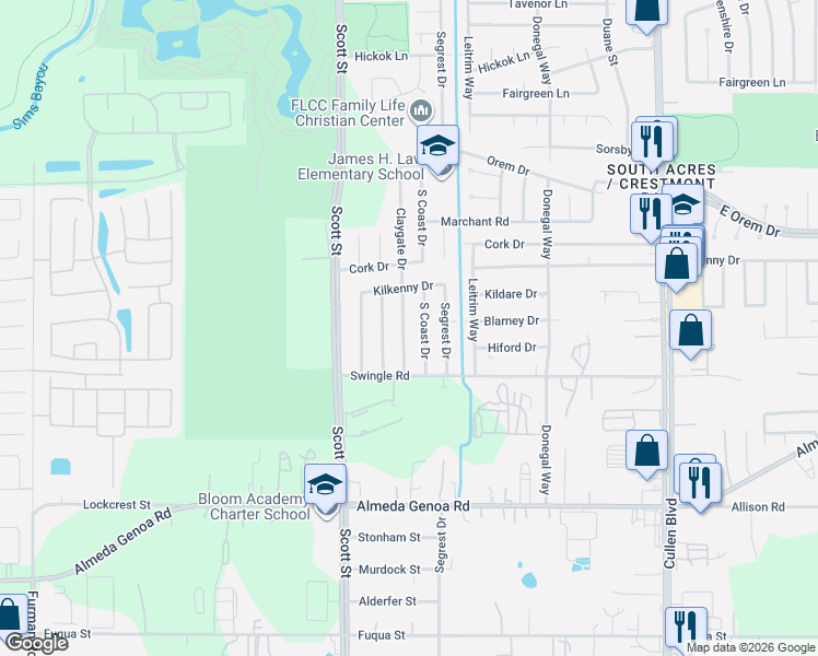 map of restaurants, bars, coffee shops, grocery stores, and more near 12923 Claygate Drive in Houston