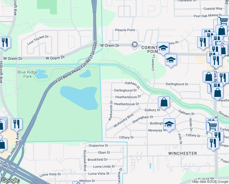 map of restaurants, bars, coffee shops, grocery stores, and more near 6323 Heatherbloom Drive in Houston