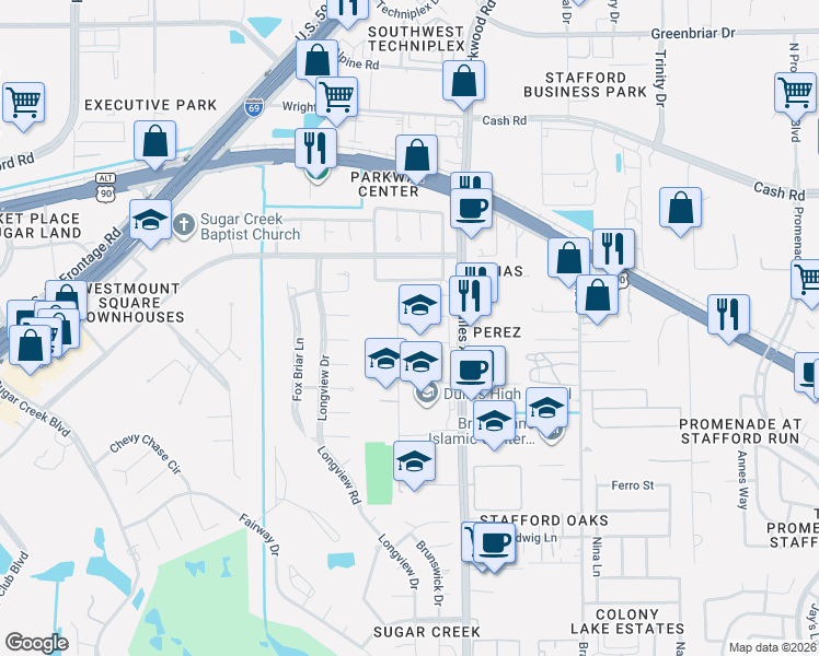 map of restaurants, bars, coffee shops, grocery stores, and more near Viking Ln in Sugar Land