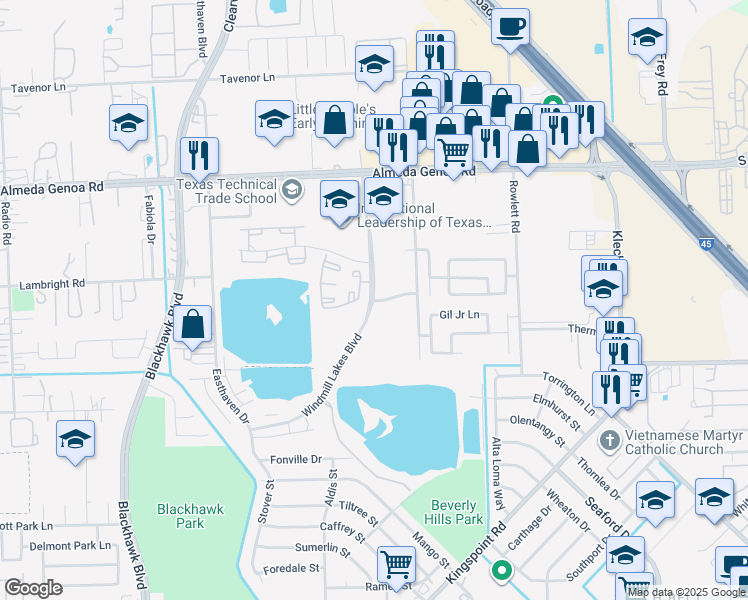 map of restaurants, bars, coffee shops, grocery stores, and more near 9999 Windmill Lakes Boulevard in Houston
