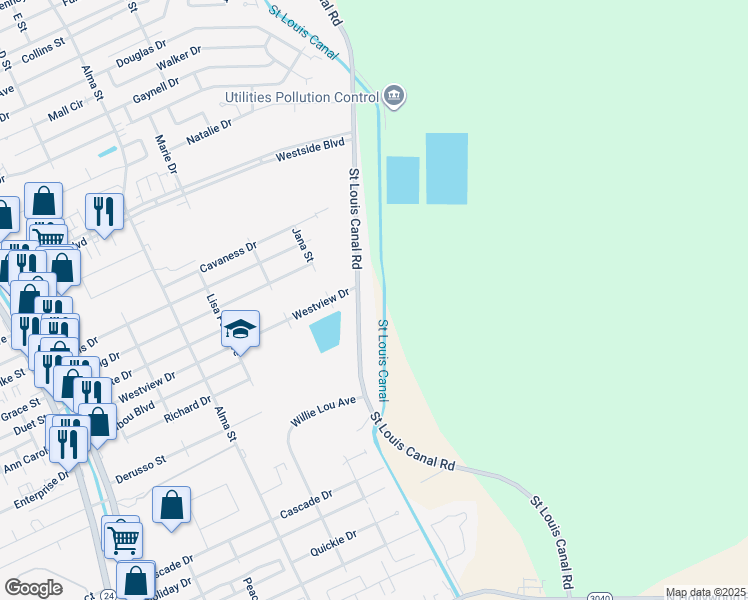 map of restaurants, bars, coffee shops, grocery stores, and more near 1856 Saint Louis Canal Road in Houma