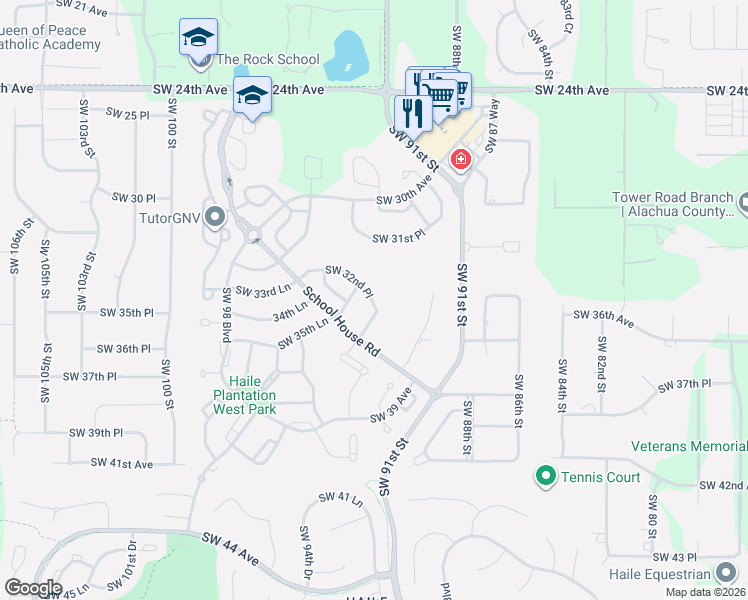 map of restaurants, bars, coffee shops, grocery stores, and more near 9310 32nd Place in Gainesville