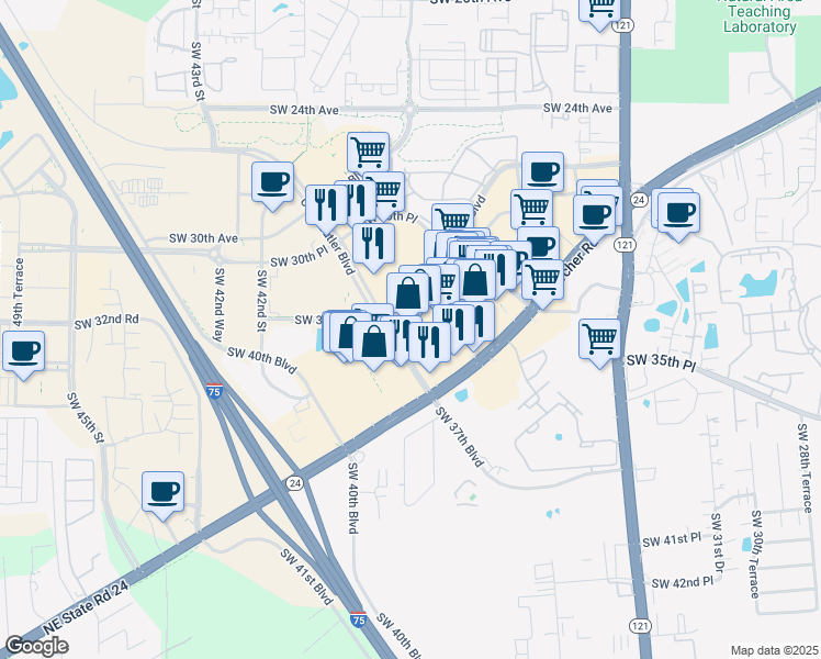 map of restaurants, bars, coffee shops, grocery stores, and more near 3750 Southwest Archer Road in Gainesville