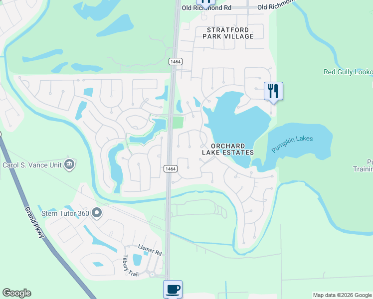 map of restaurants, bars, coffee shops, grocery stores, and more near 13206 Dusty Grove Lane in Sugar Land