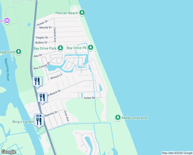 map of restaurants, bars, coffee shops, grocery stores, and more near 7 Mahoe Drive South in Palm Coast