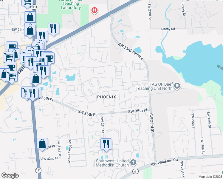 map of restaurants, bars, coffee shops, grocery stores, and more near 2918 25th Terrace in Gainesville