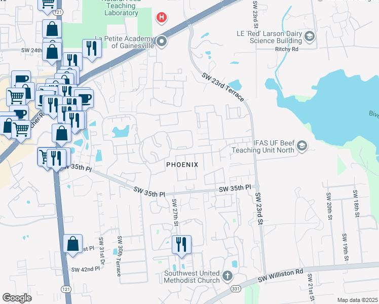 map of restaurants, bars, coffee shops, grocery stores, and more near 2918 25th Terrace in Gainesville