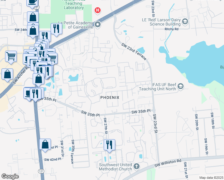 map of restaurants, bars, coffee shops, grocery stores, and more near 2918 25th Terrace in Gainesville