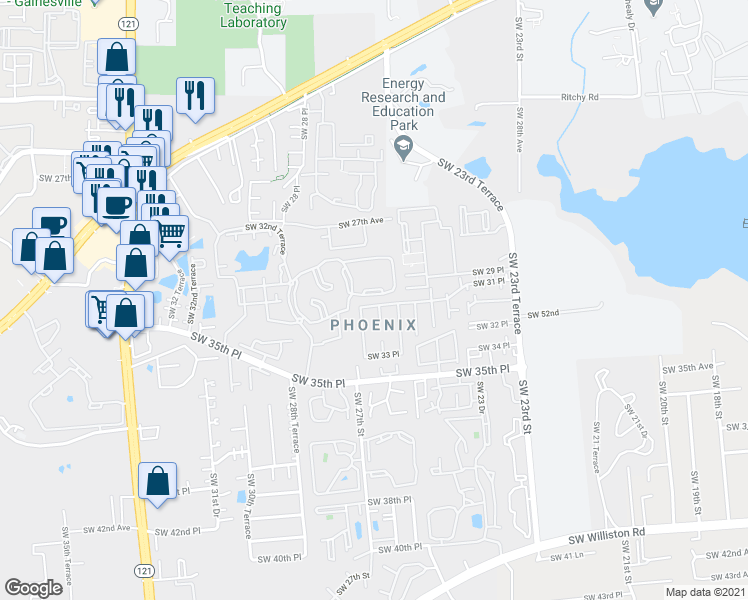 map of restaurants, bars, coffee shops, grocery stores, and more near 2918 25th Terrace in Gainesville