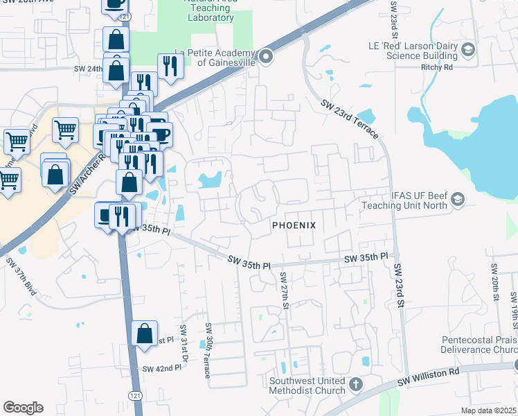 map of restaurants, bars, coffee shops, grocery stores, and more near 2925 Northwest 28th Terrace in Gainesville