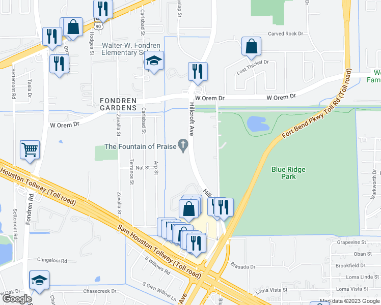map of restaurants, bars, coffee shops, grocery stores, and more near 13950 Hillcroft Street in Houston