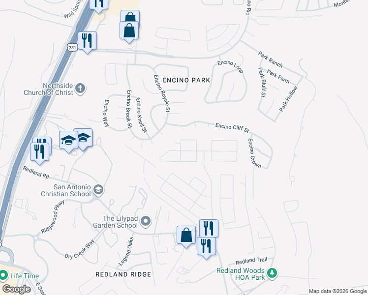 map of restaurants, bars, coffee shops, grocery stores, and more near 19501 Encino Creek in San Antonio