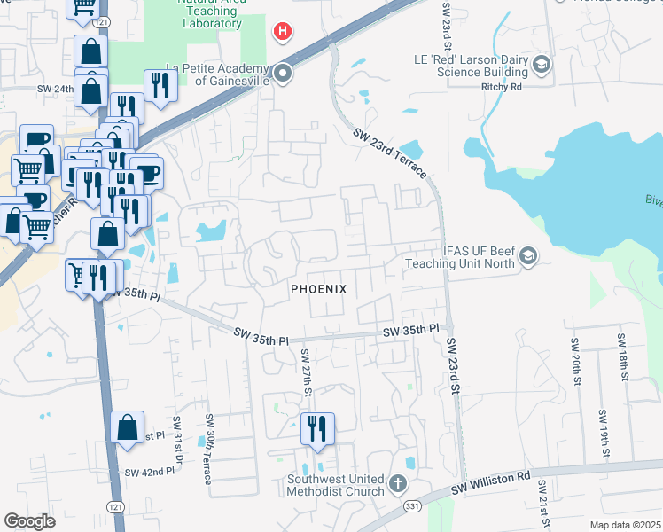 map of restaurants, bars, coffee shops, grocery stores, and more near 2918 25th Terrace in Gainesville