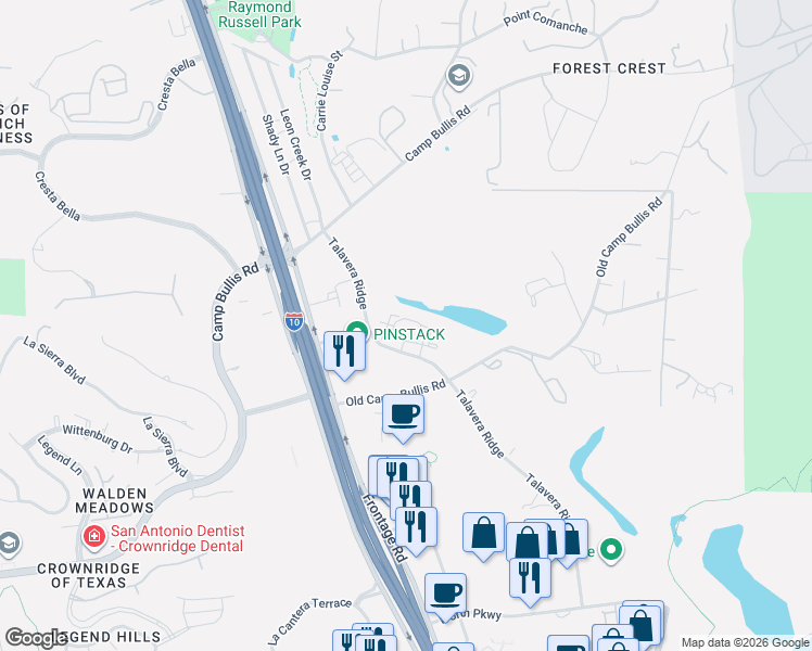map of restaurants, bars, coffee shops, grocery stores, and more near 19327 Talavera Ridge in San Antonio