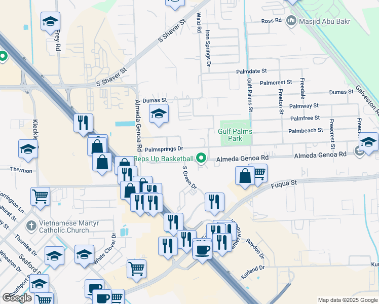 map of restaurants, bars, coffee shops, grocery stores, and more near 11510 21st Street in Houston