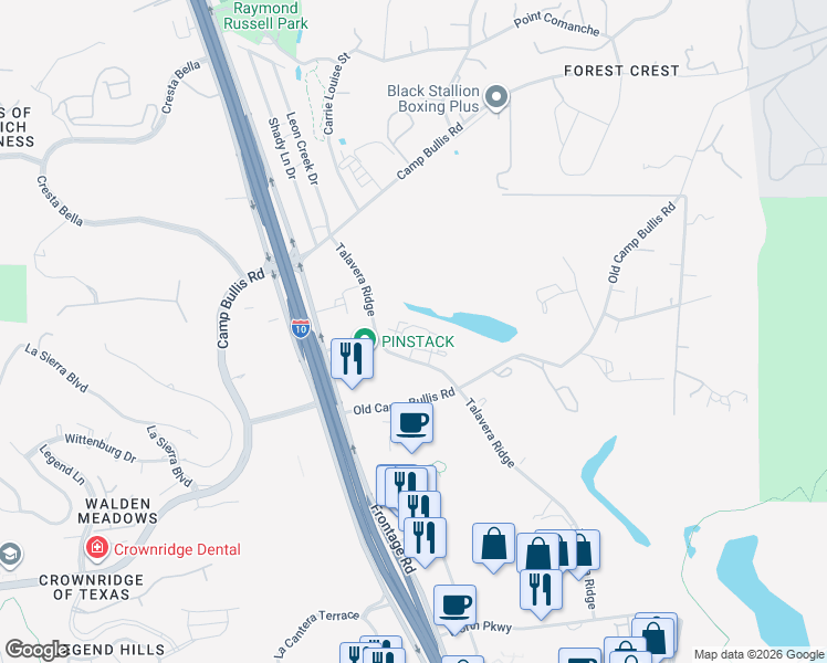 map of restaurants, bars, coffee shops, grocery stores, and more near 19327 Talavera Ridge in San Antonio