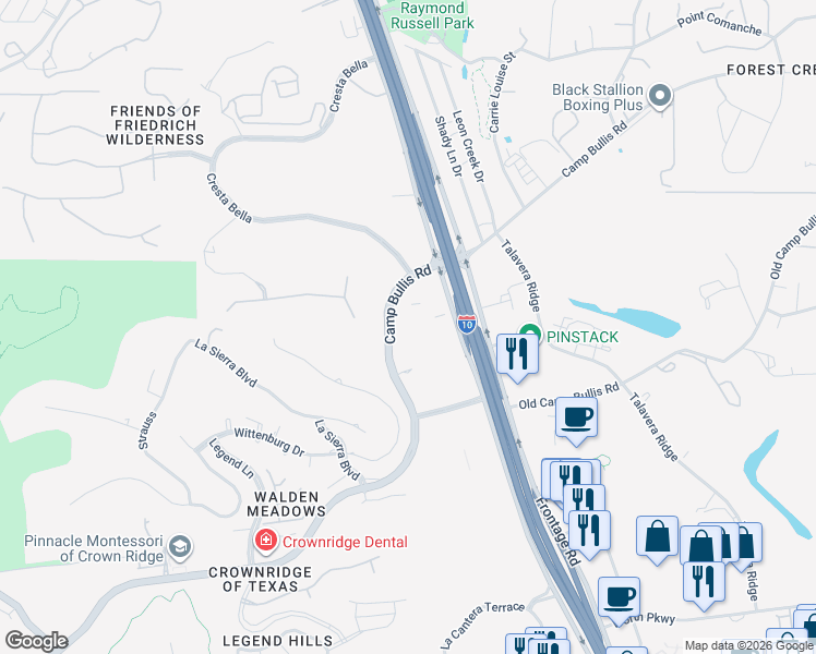 map of restaurants, bars, coffee shops, grocery stores, and more near 6522 Camp Bullis Road in San Antonio