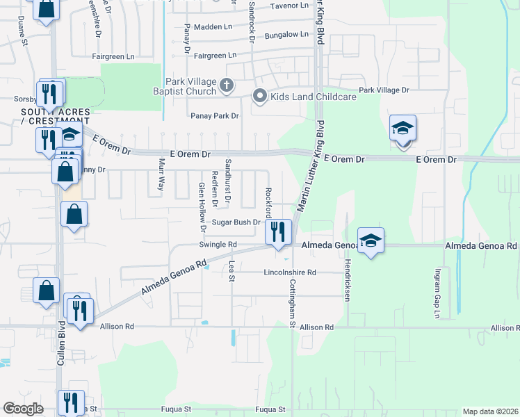 map of restaurants, bars, coffee shops, grocery stores, and more near 12815 Fawnway Drive in Houston