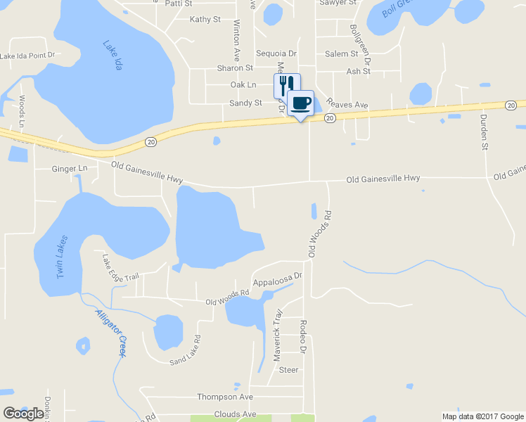 map of restaurants, bars, coffee shops, grocery stores, and more near 1017 Old Gainesville Highway in Interlachen