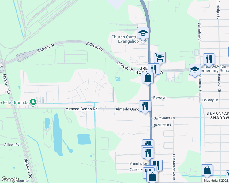 map of restaurants, bars, coffee shops, grocery stores, and more near 9800 Almeda-Genoa Road in Houston