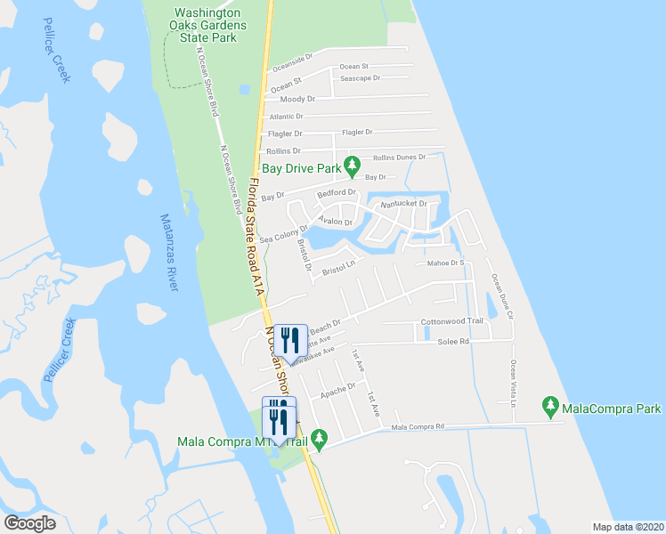 map of restaurants, bars, coffee shops, grocery stores, and more near 56 Bristol Lane in Palm Coast