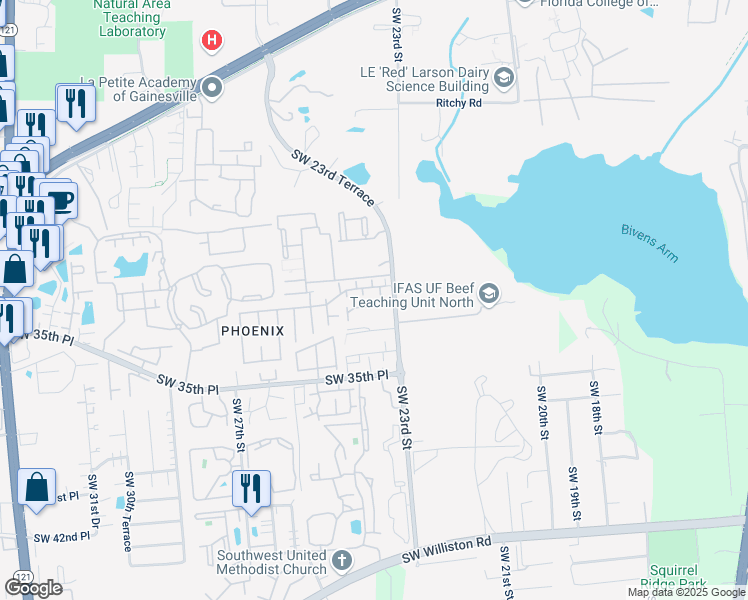 map of restaurants, bars, coffee shops, grocery stores, and more near 2360 Southwest 31 Place in Gainesville